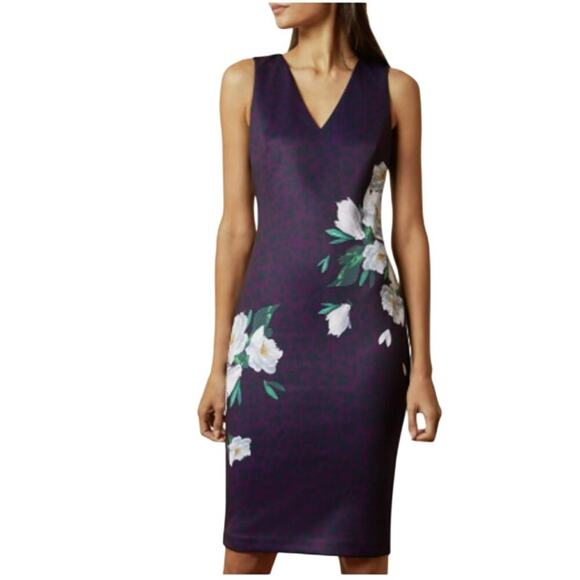 Ted Baker London Dresses & Skirts - Ted Baker Purple Work V Neck Floral Size 3 8 US Knee Length Animal Office Dress